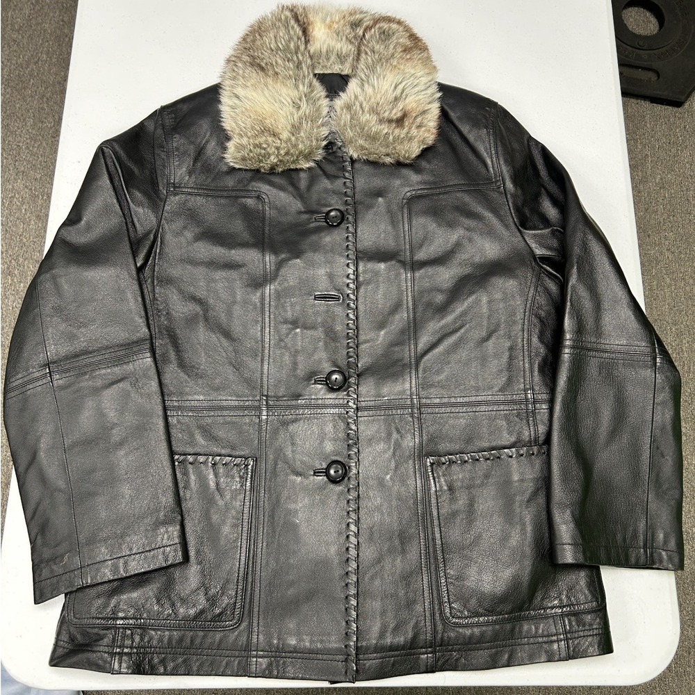 AR Bernardo Leather Jacket Womens Large Black Faux Fur Collar Quilted Lining